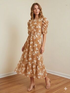Destination 365 Printed Chiffon Puff Sleeve Midi Dress NWOT Large
